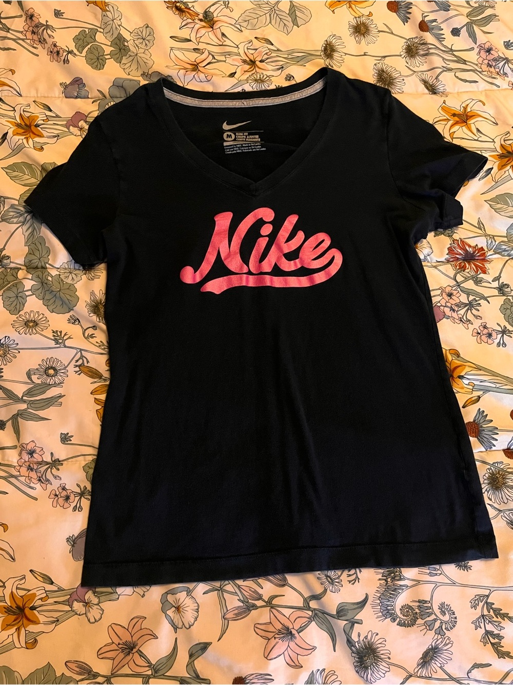 Nike Black V-Neck Tee with Pink Script Logo